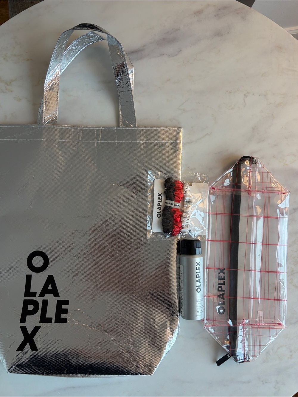 NWT OLAPLEX Beauty Bundle: Silver Tote, Clear Makeup Bag, Scrunchies & Hairspray